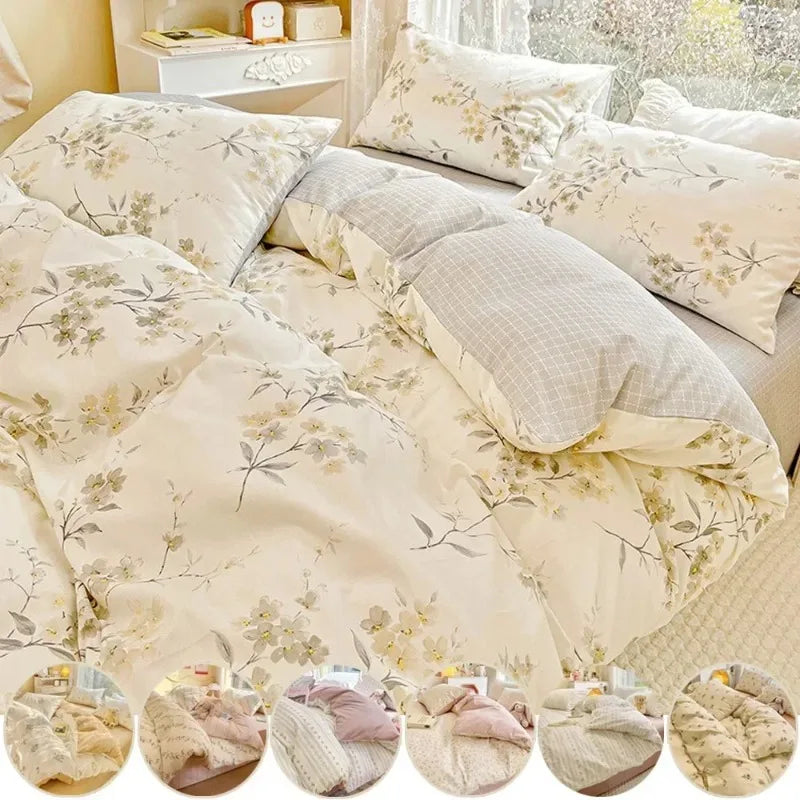 Warm Cream Floral Cotton Duvet Cover Set