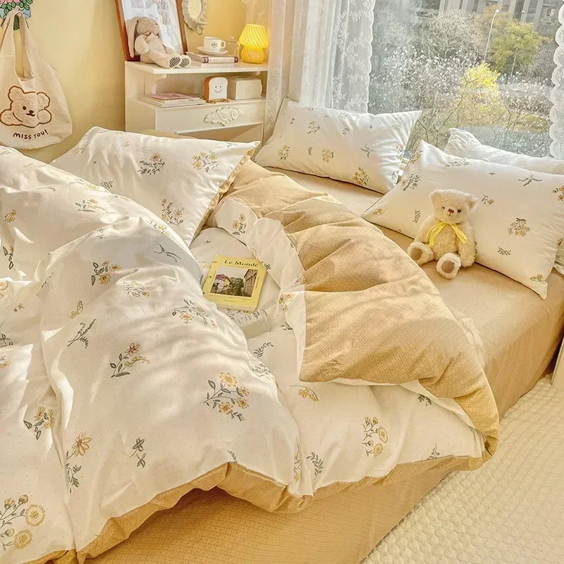 Warm Cream Floral Cotton Duvet Cover Set