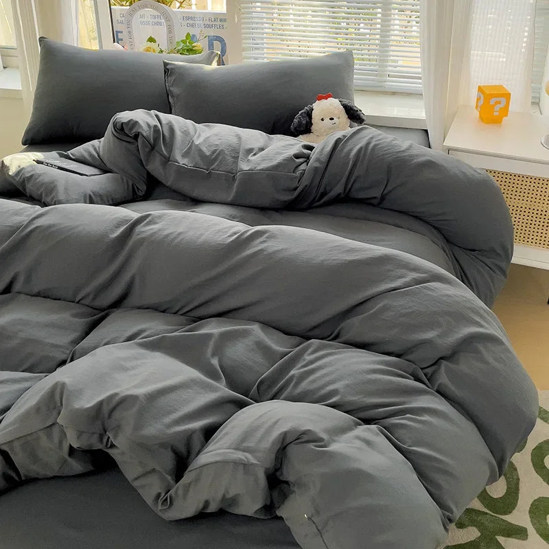 Solid Bed Linen Cotton Bedding Set 4Pcs with Sheet Duvet Cover Pillowcases Single Couple Bedsheet Single Couple Twin Size