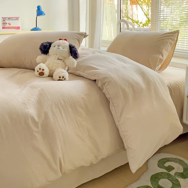 Solid Bed Linen Cotton Bedding Set 4Pcs with Sheet Duvet Cover Pillowcases Single Couple Bedsheet Single Couple Twin Size