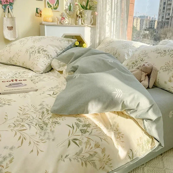 Moss Green Floral Cotton Duvet Cover Set