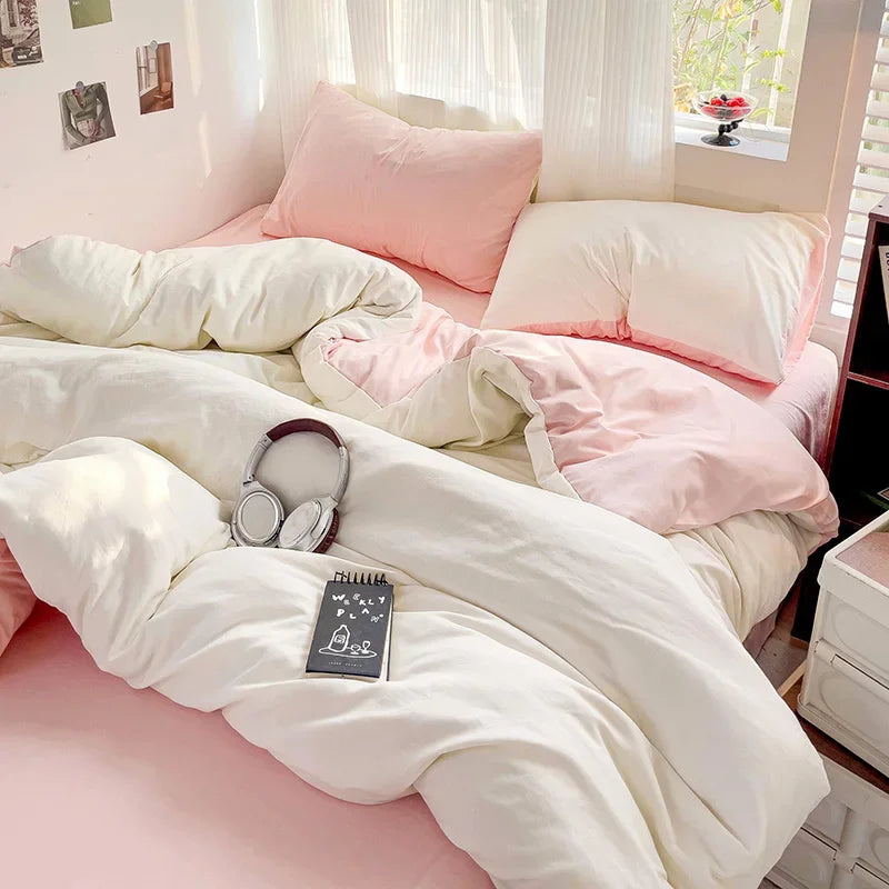 Solid Bed Linen Cotton Bedding Set 4Pcs with Sheet Duvet Cover Pillowcases Single Couple Bedsheet Single Couple Twin Size