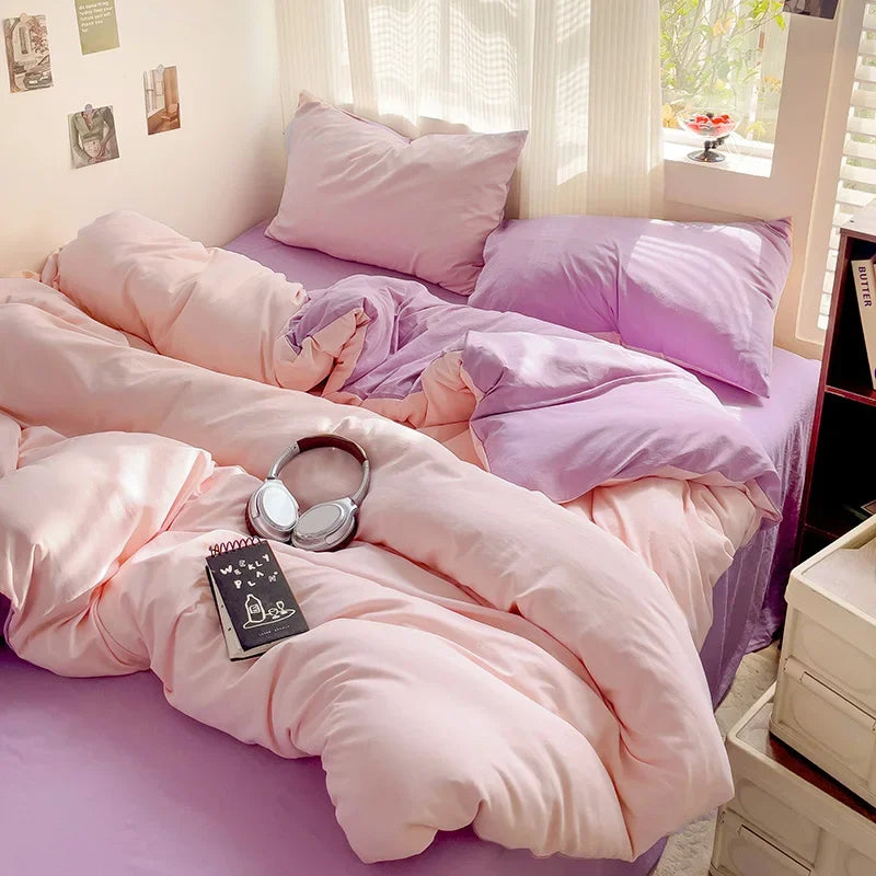 Solid Bed Linen Cotton Bedding Set 4Pcs with Sheet Duvet Cover Pillowcases Single Couple Bedsheet Single Couple Twin Size