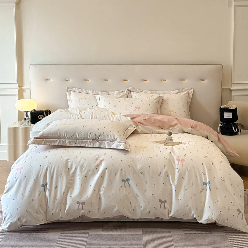 White with Pink and Bows Cotton Bedding Set