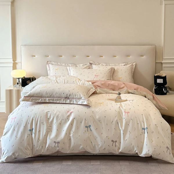 White with Pink and Bows Cotton Bedding Set