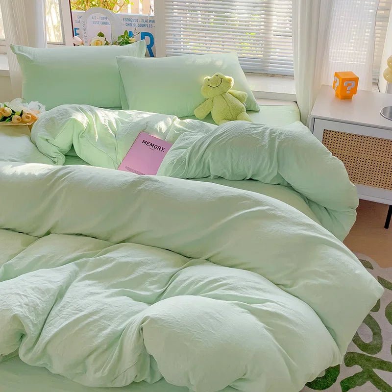 Solid Bed Linen Cotton Bedding Set 4Pcs with Sheet Duvet Cover Pillowcases Single Couple Bedsheet Single Couple Twin Size