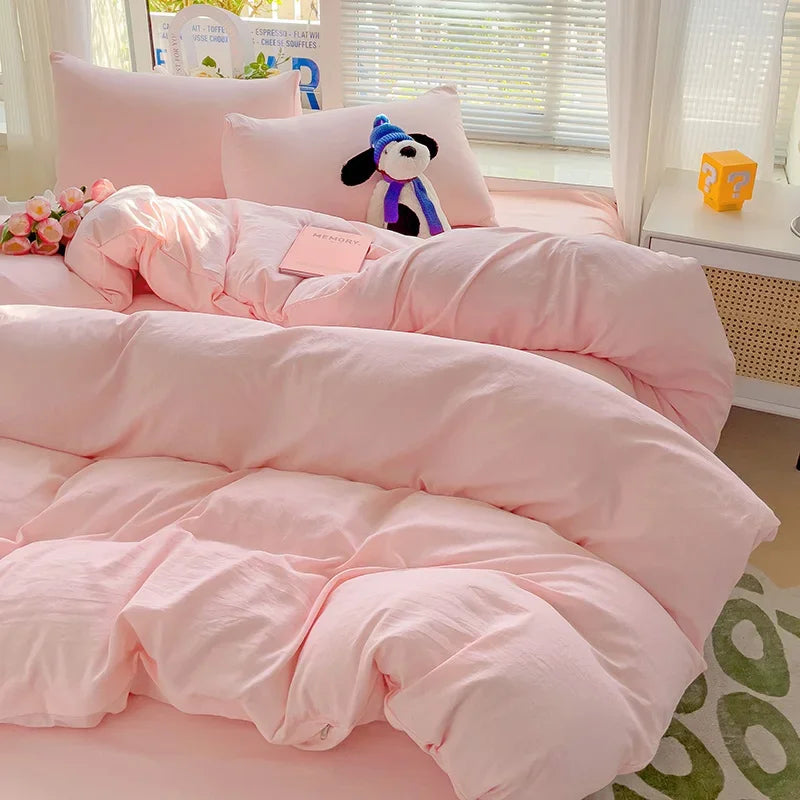 Solid Bed Linen Cotton Bedding Set 4Pcs with Sheet Duvet Cover Pillowcases Single Couple Bedsheet Single Couple Twin Size