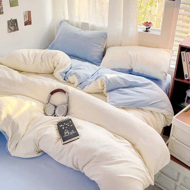 Solid Bed Linen Cotton Bedding Set 4Pcs with Sheet Duvet Cover Pillowcases Single Couple Bedsheet Single Couple Twin Size