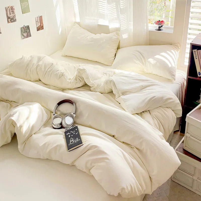 Solid Bed Linen Cotton Bedding Set 4Pcs with Sheet Duvet Cover Pillowcases Single Couple Bedsheet Single Couple Twin Size