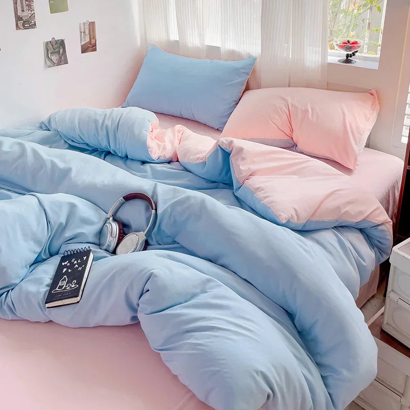 Solid Bed Linen Cotton Bedding Set 4Pcs with Sheet Duvet Cover Pillowcases Single Couple Bedsheet Single Couple Twin Size