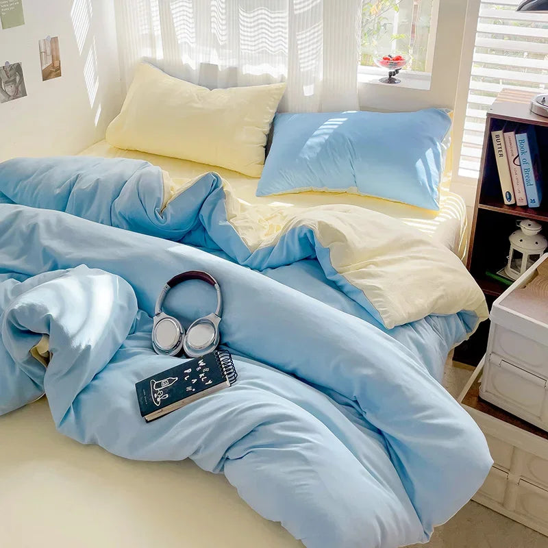 Solid Bed Linen Cotton Bedding Set 4Pcs with Sheet Duvet Cover Pillowcases Single Couple Bedsheet Single Couple Twin Size