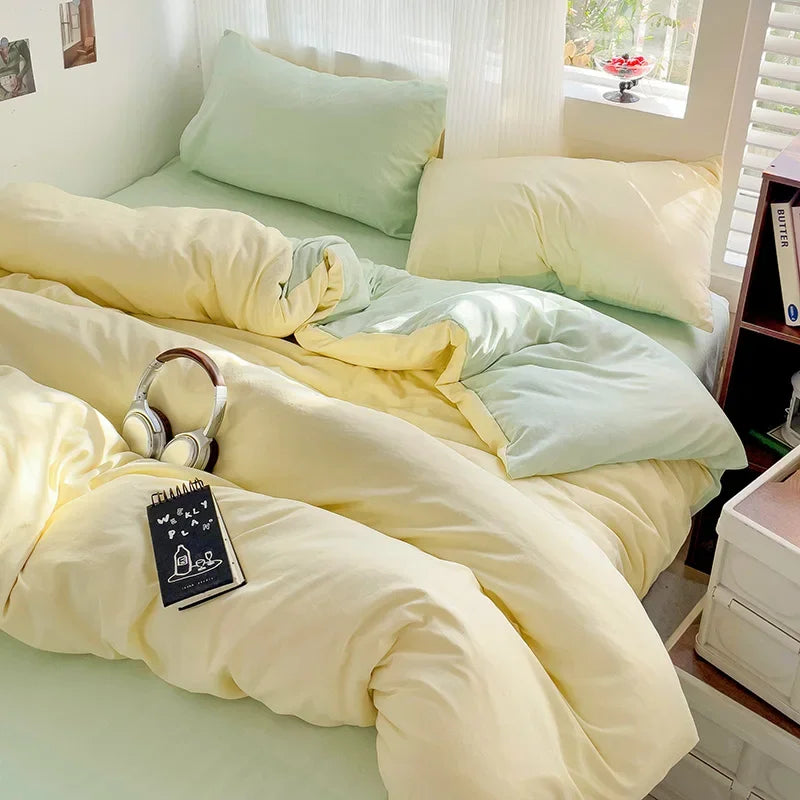 Solid Bed Linen Cotton Bedding Set 4Pcs with Sheet Duvet Cover Pillowcases Single Couple Bedsheet Single Couple Twin Size