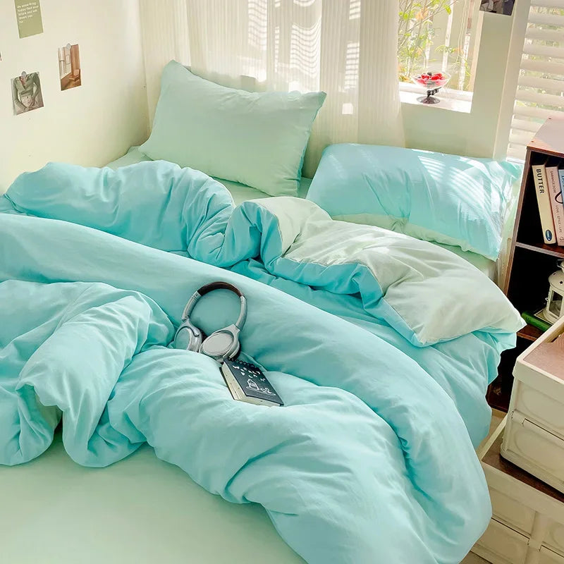 Solid Bed Linen Cotton Bedding Set 4Pcs with Sheet Duvet Cover Pillowcases Single Couple Bedsheet Single Couple Twin Size