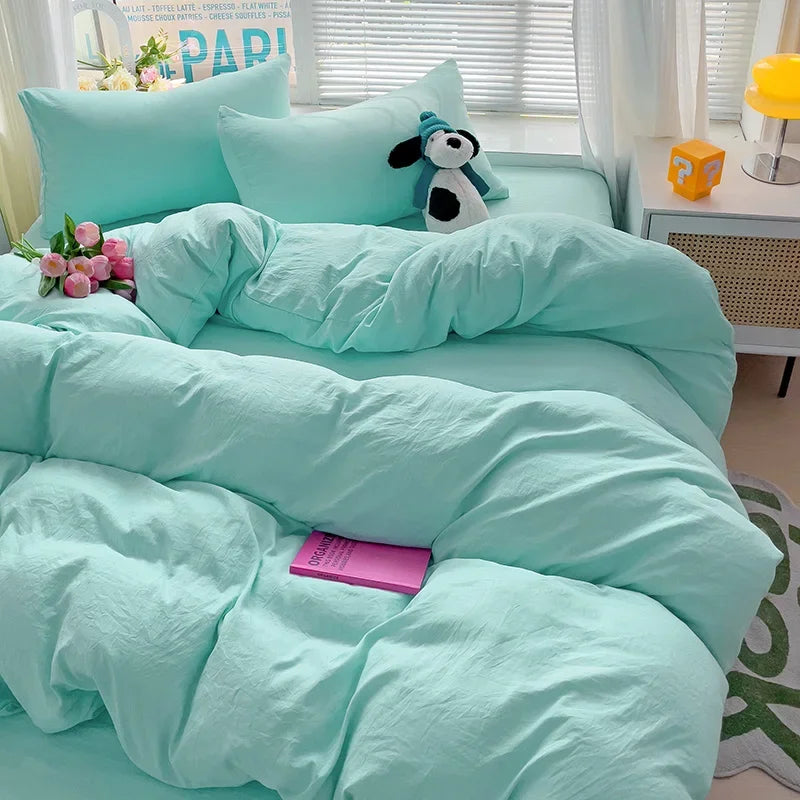 Solid Bed Linen Cotton Bedding Set 4Pcs with Sheet Duvet Cover Pillowcases Single Couple Bedsheet Single Couple Twin Size