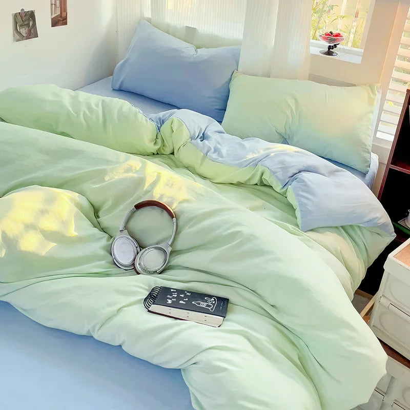 Solid Bed Linen Cotton Bedding Set 4Pcs with Sheet Duvet Cover Pillowcases Single Couple Bedsheet Single Couple Twin Size