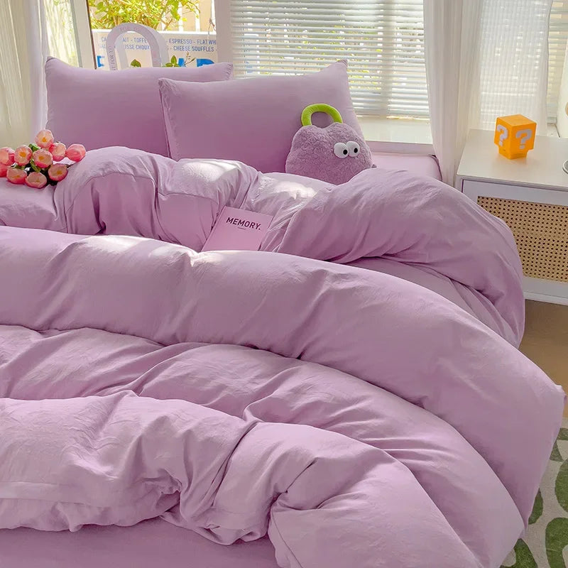 Solid Bed Linen Cotton Bedding Set 4Pcs with Sheet Duvet Cover Pillowcases Single Couple Bedsheet Single Couple Twin Size
