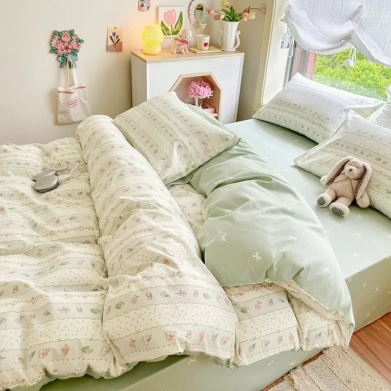 Cool Soft Green Pattern Floral Cotton Duvet Cover Set