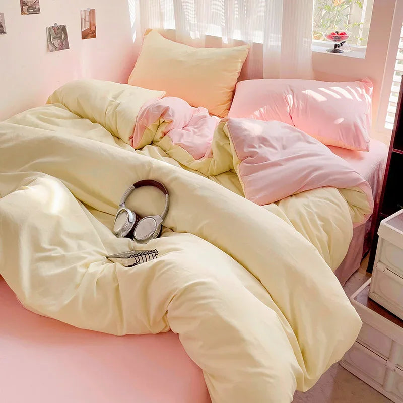 Solid Bed Linen Cotton Bedding Set 4Pcs with Sheet Duvet Cover Pillowcases Single Couple Bedsheet Single Couple Twin Size