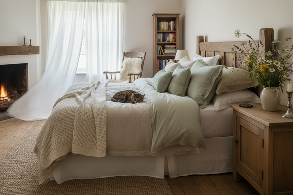 Bed in soft green country environment