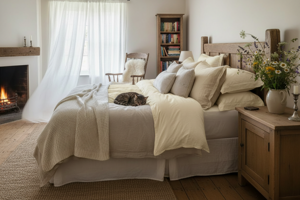 Bed with neutral bedspread and pale yellow undersheets and pillows