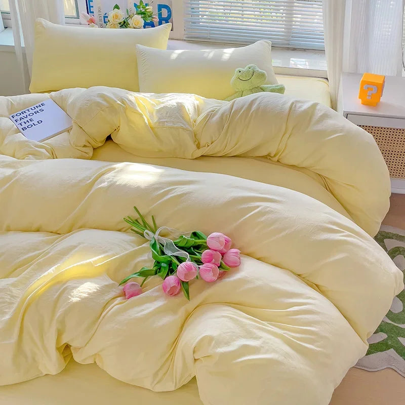 Solid Bed Linen Cotton Bedding Set 4Pcs with Sheet Duvet Cover Pillowcases Single Couple Bedsheet Single Couple Twin Size