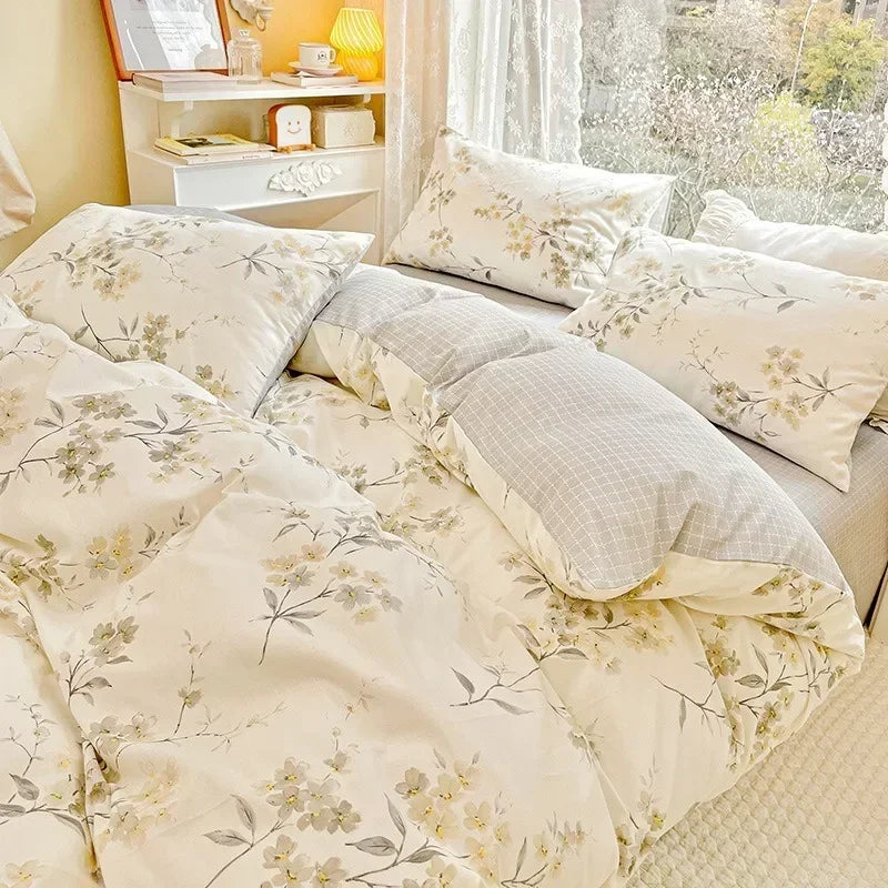 Pale Linen Floral Cotton Duvet Cover Set