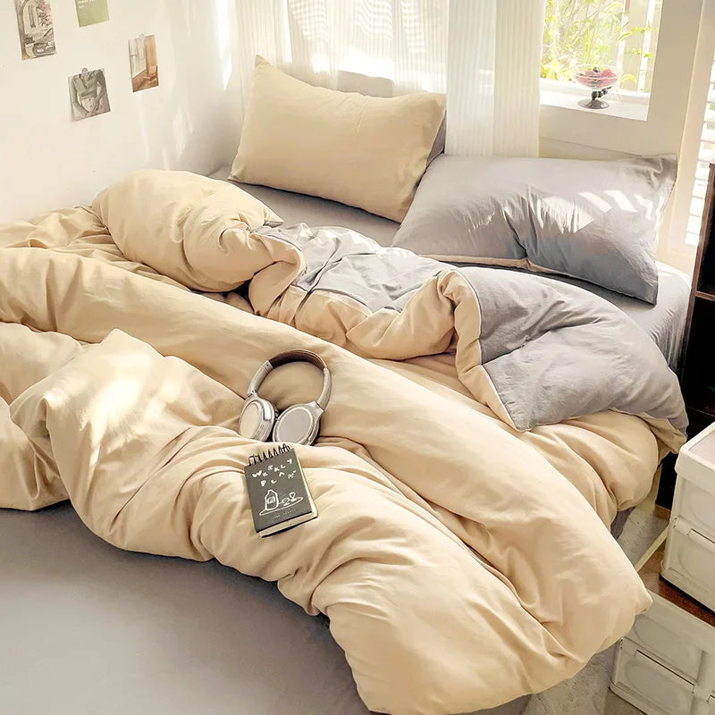 Solid Bed Linen Cotton Bedding Set 4Pcs with Sheet Duvet Cover Pillowcases Single Couple Bedsheet Single Couple Twin Size