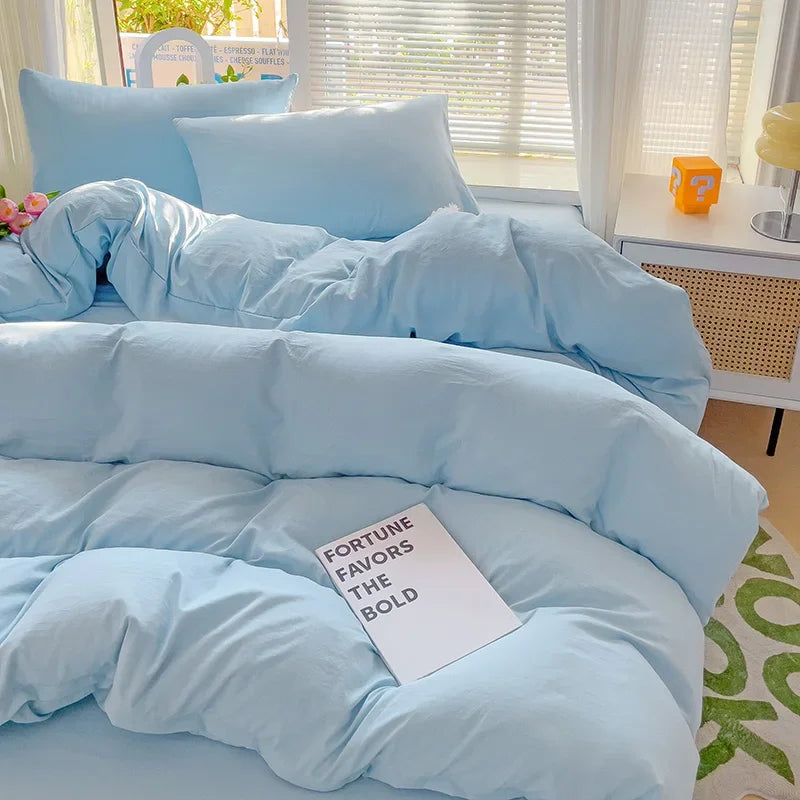 Solid Bed Linen Cotton Bedding Set 4Pcs with Sheet Duvet Cover Pillowcases Single Couple Bedsheet Single Couple Twin Size